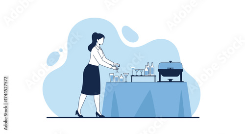 Elegant Event Illustration: A Professional Server Preparing Drinks and Food Service Area