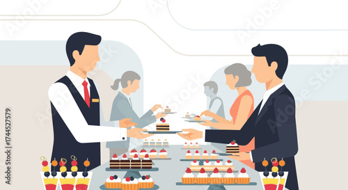 Elegant Event: Guests Receiving Culinary Delights from Attentive, Well-Dressed Servers Presented