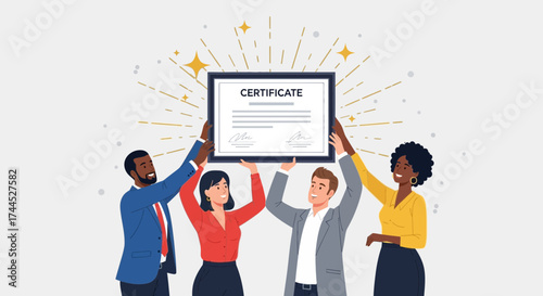 Diverse Group Celebrates Achievement, Holding a Certificate of Recognition with Radiating Stars