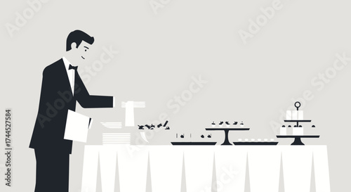 Elegant Event Service: A Professional Butler Presenting Dishes and Desserts at a Catering