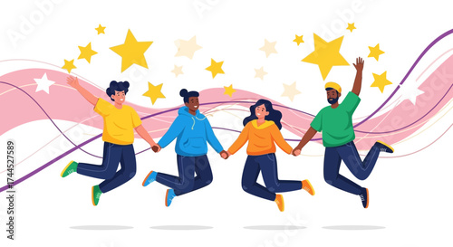 Diverse Group Celebrating Success Together With Stylized Stars and Uplifting Gestures