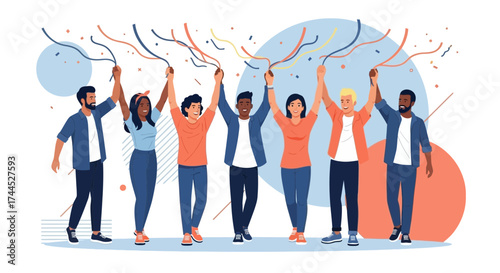 Diverse Group Celebrates Achieving Collective Victory with Streamers and Joyful Expressions