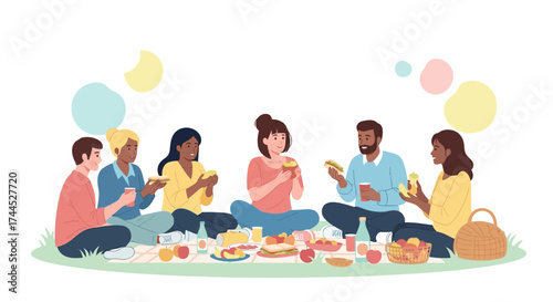 Diverse Group Enjoying Outdoor Meal Together Eating Sandwiches And Drinking Beverages