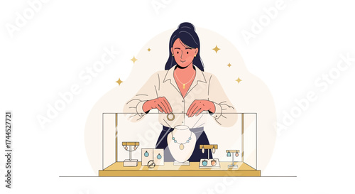 Elegant Jewelry Display: A Woman's Deliberation Within a Gleaming Showcase