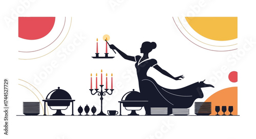 Elegant Lady in Silhouette Lighting Candles, Dinner Event, Illustration of Dinner