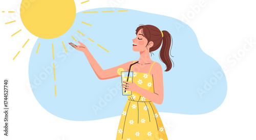Enjoying Summer Sun And Refreshing Beverage With A Smile And Happiness