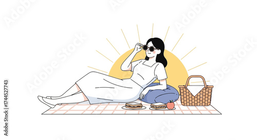 Enjoying Sunny Relaxation: A Peaceful Picnic Scene with Shades and Refreshments