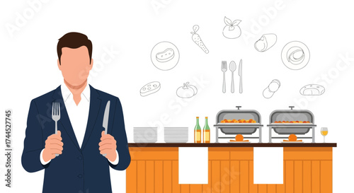 Elegant Man Ready For Dining Experience At A Gourmet Buffet Illustration