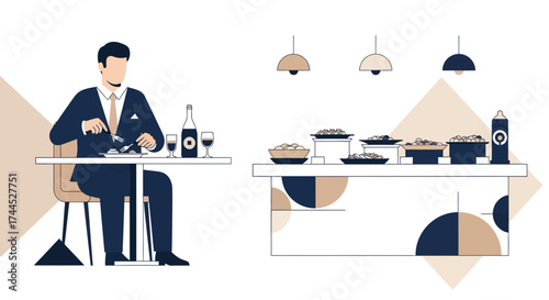 Elegant Man Dining at a Restaurant, Featuring Dinner, Drinks and Buffet Selection