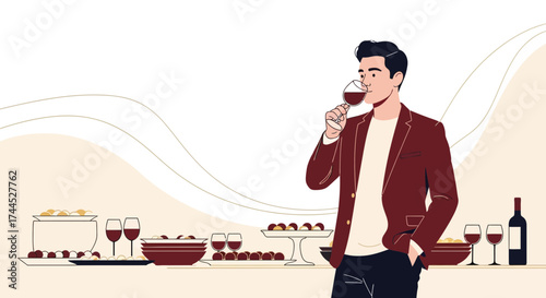 Elegant man enjoying wine at a social gathering with snacks and appetizers