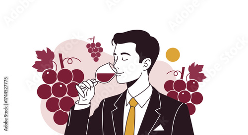Elegant Portrait Of A Man Enjoying Wine With Grape Vines Illustration