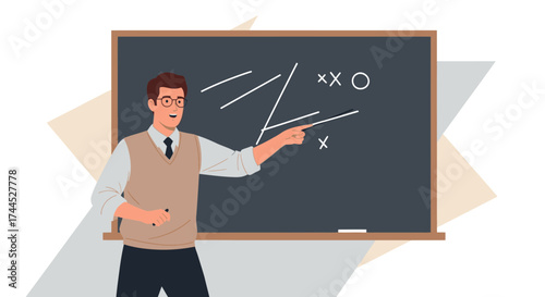Educator Presenting Diagram on Chalkboard, Demonstrating Concepts and Expressing Ideas Clearly