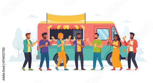 Diverse Group Gathering Around Food Truck Enjoying Delicious Street Food Together