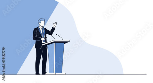 Elegant Presenter Addresses Audience From Podium, Delivering Public Address Speech Clearly