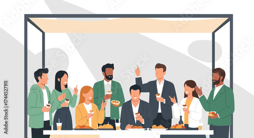 Diverse Group Of Professionals Enjoying Beverages And Food In Modern Minimalist Style