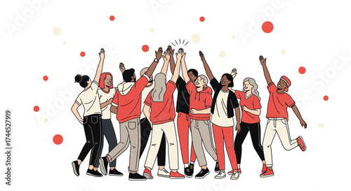 Diverse Group Raising Hands In Celebration, Unity And Shared Triumph