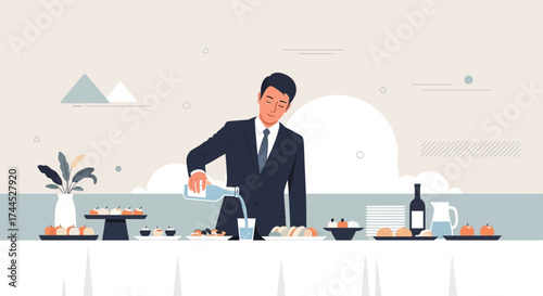 Elegant Server Pouring Water at a Formal Gathering with Food Display and Refined Elements