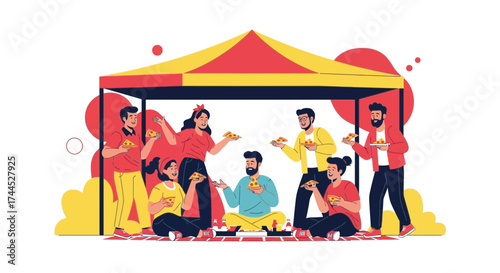 Diverse Group Relishes Pizza Under A Tent, Creating A Delightful Social Gathering