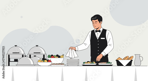 Elegant Server Prepares Food Display For Sophisticated Event Buffet Service Presentation