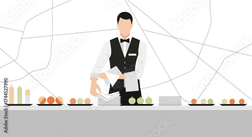 Elegant Server Prepares Tableware and Food for Fine Dining and Gourmet Cuisine Presentation