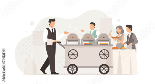 Elegant Buffet Presentation: Seamless Catering Service with Attentive Staff in Action