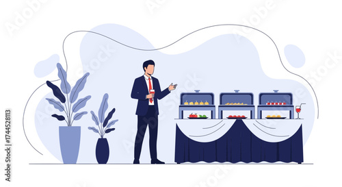 Elegant Business Catering Event with Professional Presenter Offering Food Choices