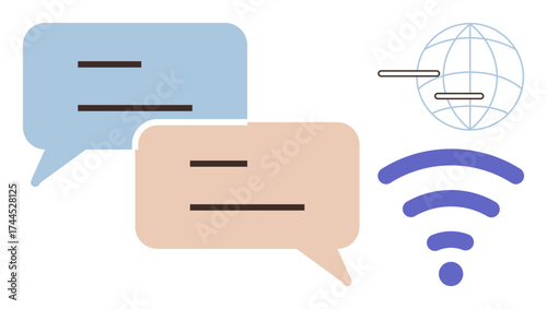 Blue and beige speech bubbles with horizontal lines, globe with lines, purple wireless icon. Ideal for communication, technology, networking, global connectivity, online interaction, internet remote
