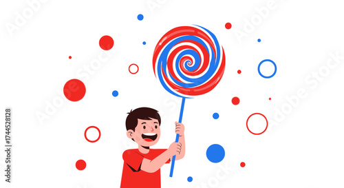 Energetic Kid Holding a Swirl Lollipop Illustrating Joy and Happiness in Simple Illustration