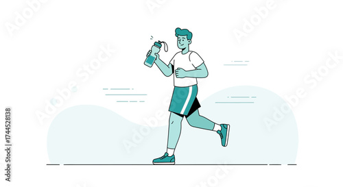 Energetic Runner Staying Hydrated, Depicting Sporty Lifestyle, Vector Style Illustration