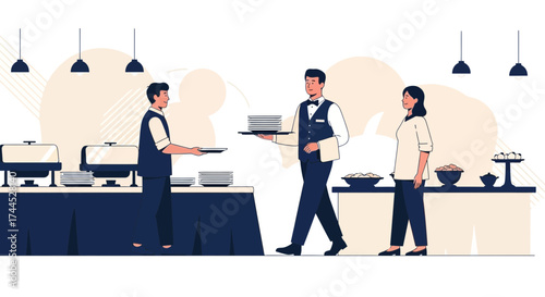 Elegant Buffet Service: Waiters Providing Food and Drinks for an Event or Dining Experience