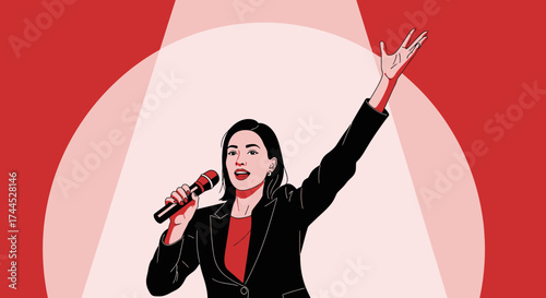 Energetic Public Speaker Holding a Microphone, Illuminated in a Spotlight, Performing