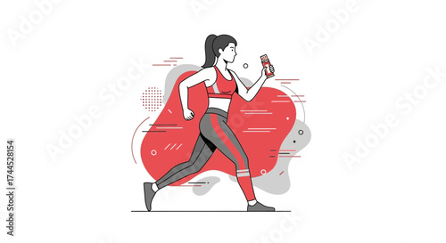 Energetic Woman Jogging While Holding Snack Bar in Front of Abstract Red Design