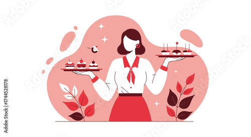 Elegant Server Showcases Sweet Treats on Tray, Delicate Dessert Presentation Illustration