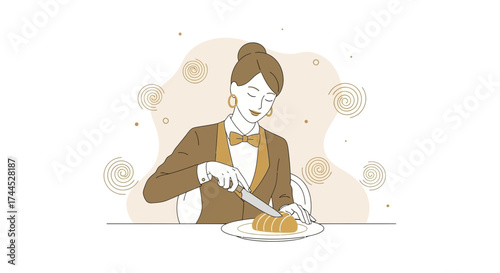 Elegant Server Slicing Food, Representing Refinement, And Culinary Artistry At Its Finest