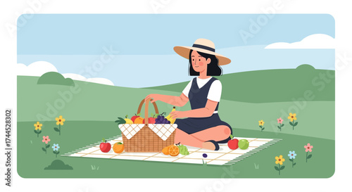 Enjoying A Leisurely Afternoon Picnic In The Lush Green Fields With Fruit Basket