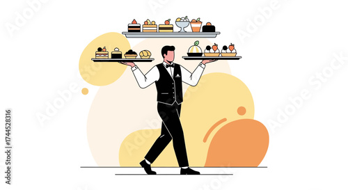 Elegant Waiter Balancing Pastries, Confections, And Desserts On Trays For Service