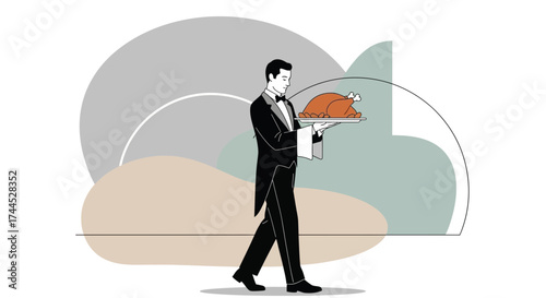Elegant Waiter Serving Chicken Dish on a Tray with Minimalist Aesthetic Design