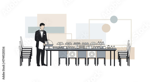Elegant waiter serving food at a buffet with a formal table setting and chairs