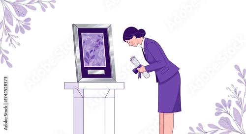Elegant Woman Admiring A Framed Artwork, Holding A Certificate, With Floral Elements