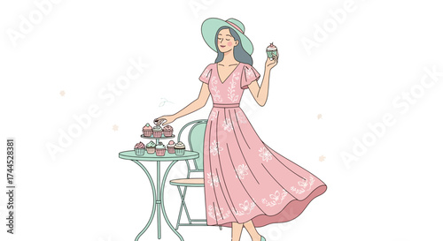 Elegant Woman Appreciating Cupcakes While Sporting a Dress and Stylish Hat