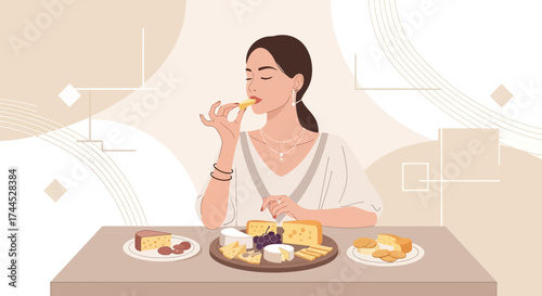 Elegant Woman Appreciating Gourmet Cheese Displayed At A Table Enjoying A Taste