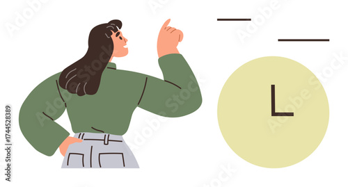 Woman gestures toward a clock, emphasizing importance of prioritization and focus. Ideal for time management, productivity, scheduling, workplace routines, deadlines, goal setting, simple flat