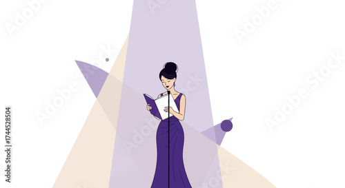 Elegant Woman Performing on Stage Reading a Book Under the Spotlights During a Ceremony