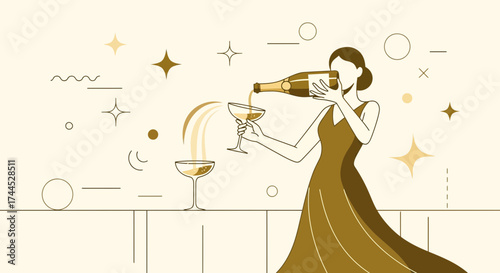 Elegant Woman Pouring Sparkling Wine into Glasses for Festive Celebration