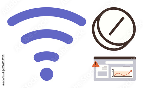 wireless signal icon, error message with slash circle, and graph on a webpage. Ideal for technology, troubleshooting, network outage, connectivity, warning, data visualization simple flat metaphor