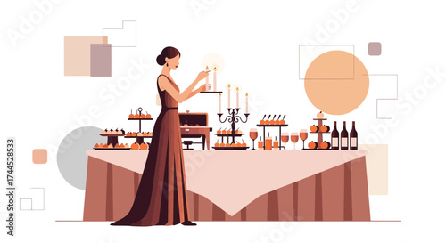 Elegant woman preparing a table with food and candles for a special event