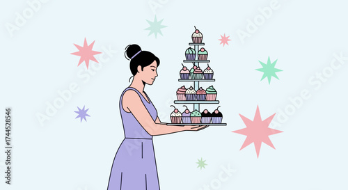 Elegant Woman Presenting Tiered Cupcake Stand With Colorful Decorations
