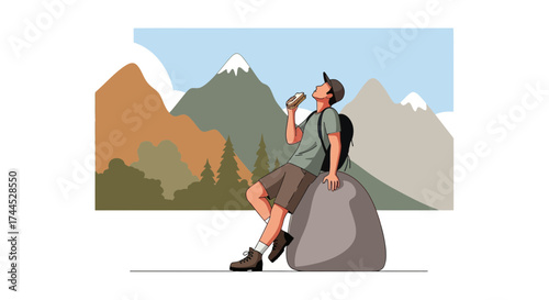Enjoying Delicious Sandwich In Mountain Scenery During Hiking And Recreation Activities