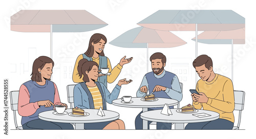Enjoying Delights And Drinks At A Cafe While A Waitress Serves The Meal Of The Customers