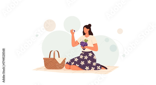 Enjoying Fresh Grapes On A Picnic: Idyllic Scene Representing Tranquility And Relaxation